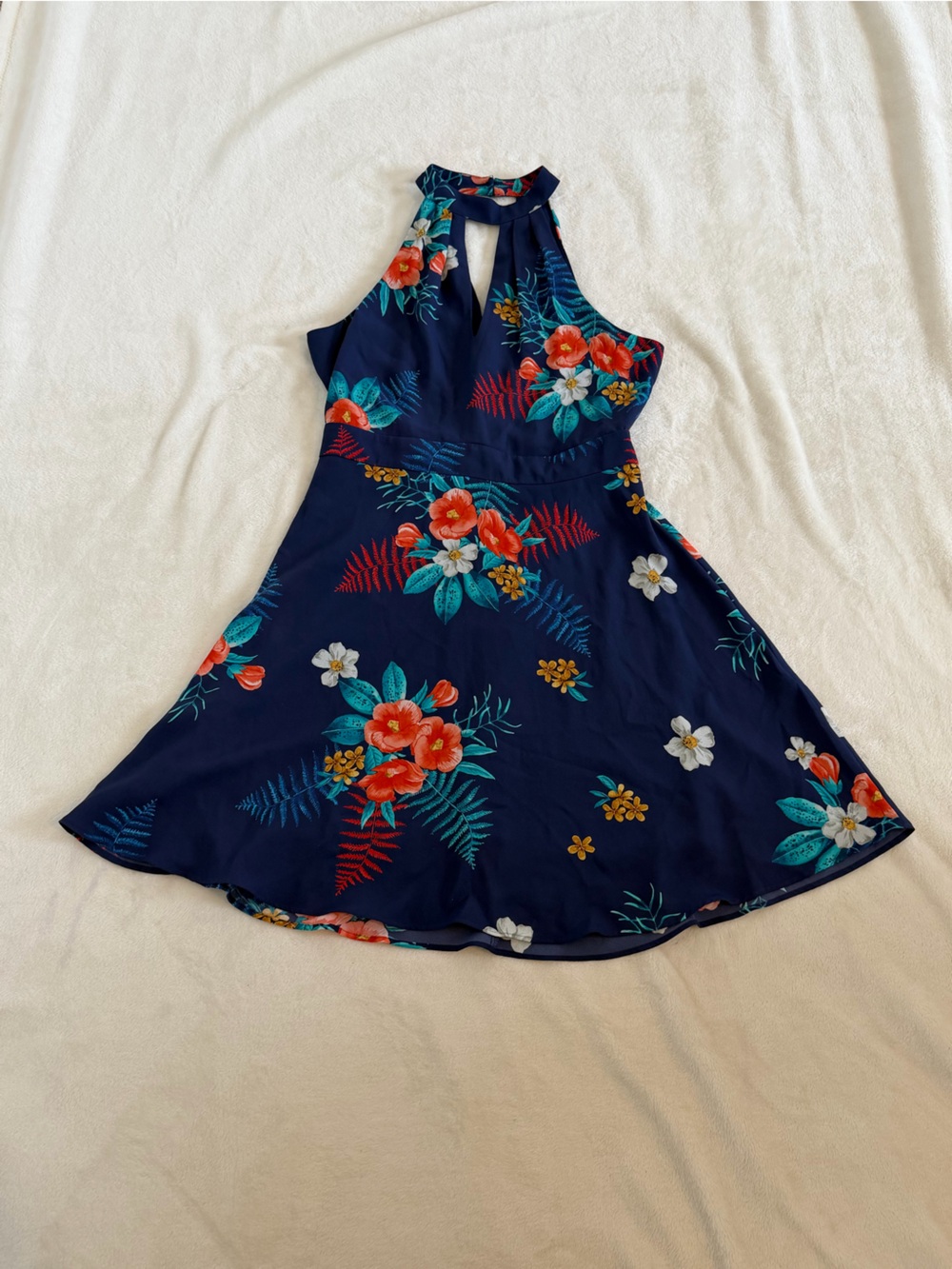 Express Size 4 Navy Blue with Multi Color Floral Halter Top Fit & Flare Dress